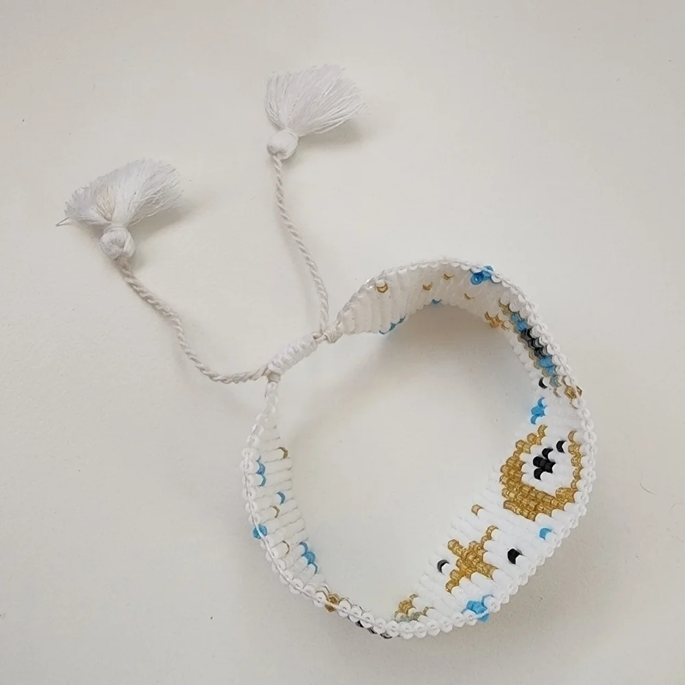 NWT Evil Eye Accented Beaded Tassel Pull Tie Cinch Bracelet